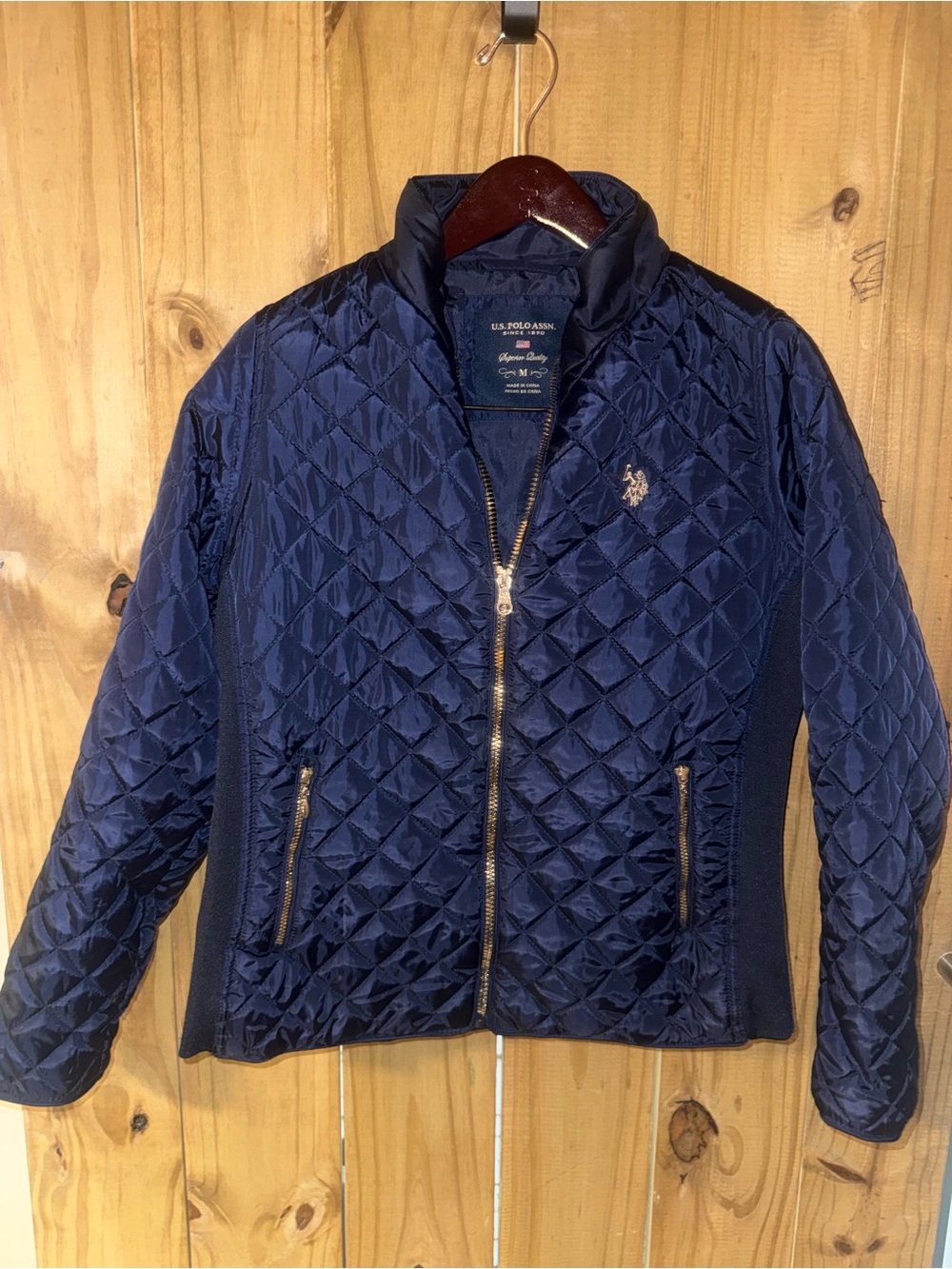 U.S. Polo Assn. Navy Quilted Bomber Jacket with Gold Zippers